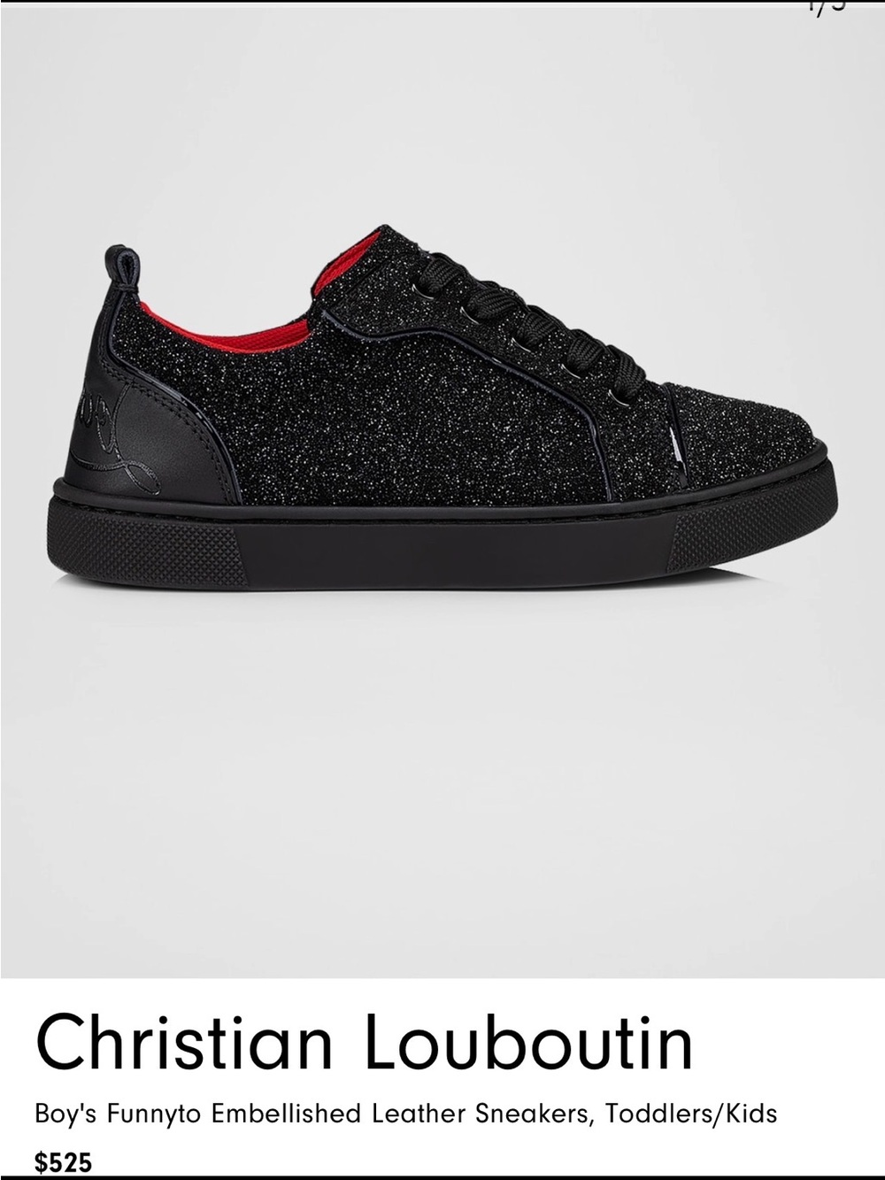 Christian Louboutin Kids Black Glitter Sneakers with Red Lining